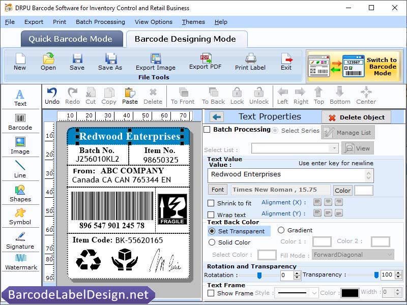 Inventory Barcode Design Tool screenshot